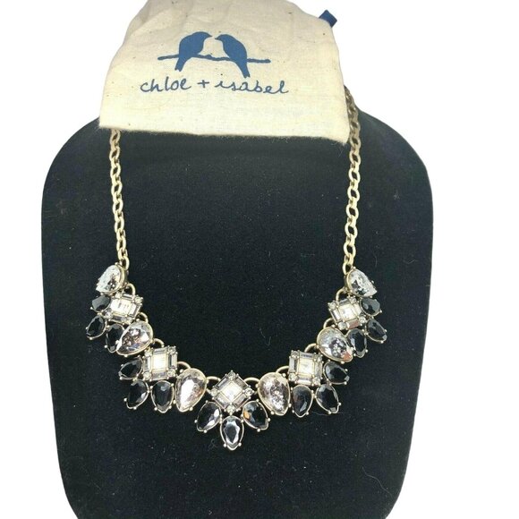 Chloe + Isabel Statement Necklace Black & Clear Gemstones On Gold-Tone Chain - Picture 1 of 10